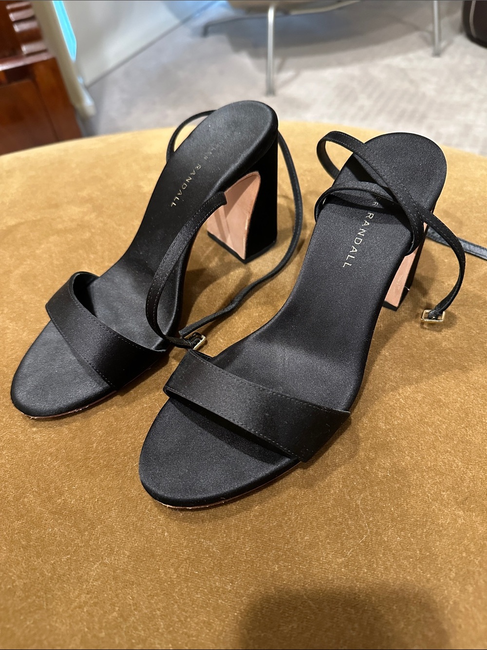 Loeffler Randall Malia Black Satin Curved−Heel Sandal